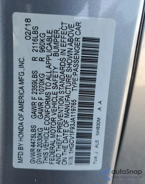 2018 Honda Accord Touring z USA, uszkodzony, nr VIN 1HGCV1F93JA119765